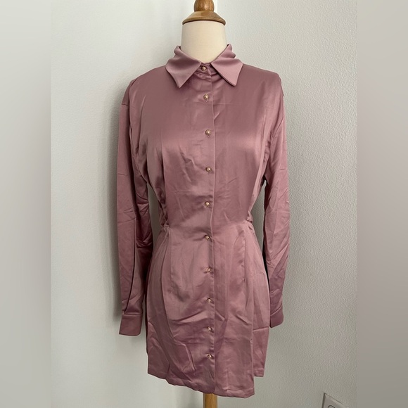 Pink Satin Long Sleeve Collared Button Front Shirt Dress- Size Small - Picture 7 of 10